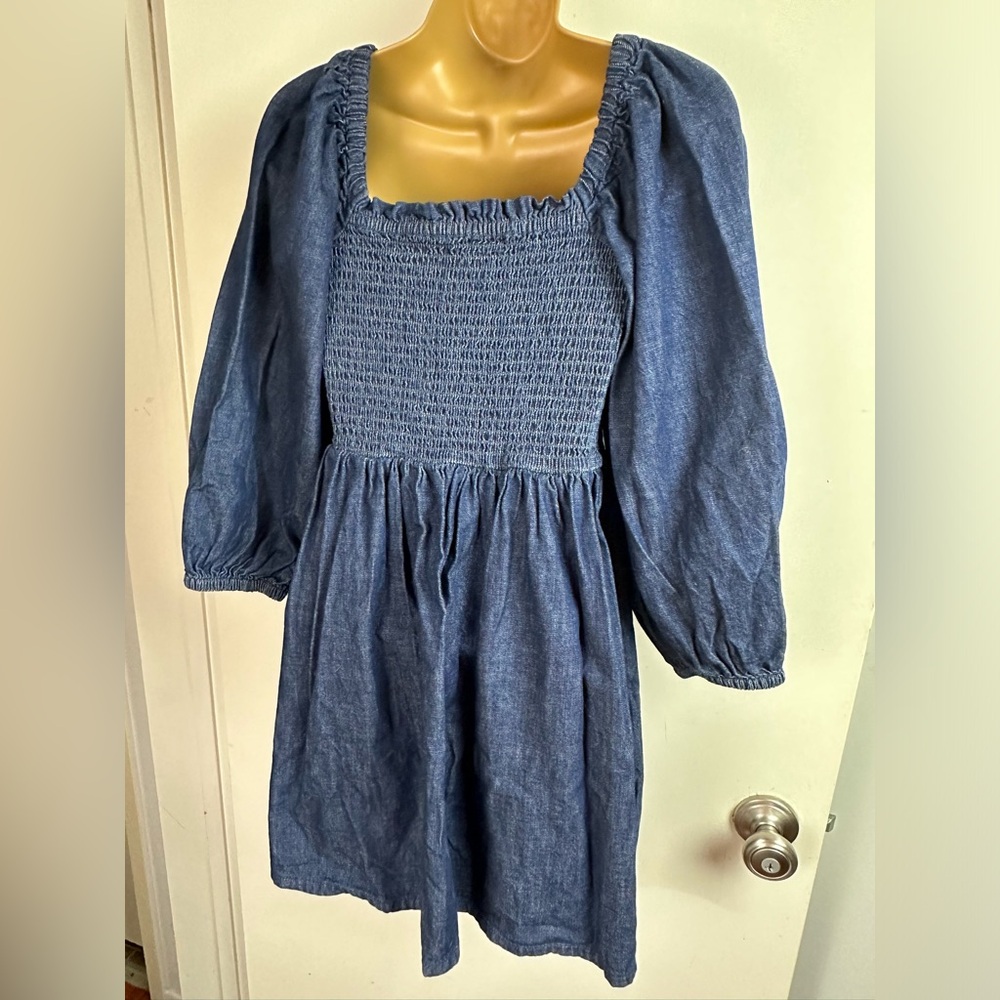 J.Crew 100%Cotton Smocked Fitted Bodice Long Puff Sleeve Chambray PullOn Dress S - Picture 6 of 16